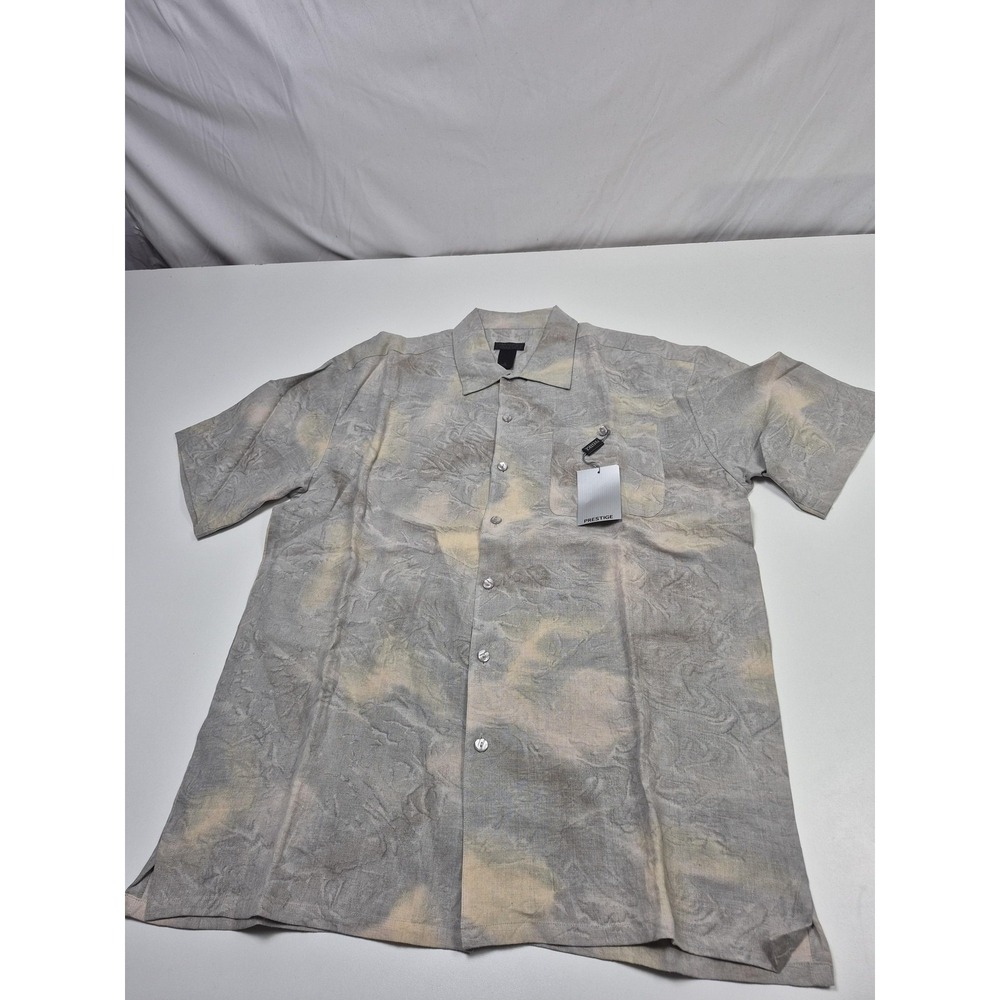 VTG Prestige Shirt Mens L Silver Floral Linen Short Sleeve Button Up Casual
